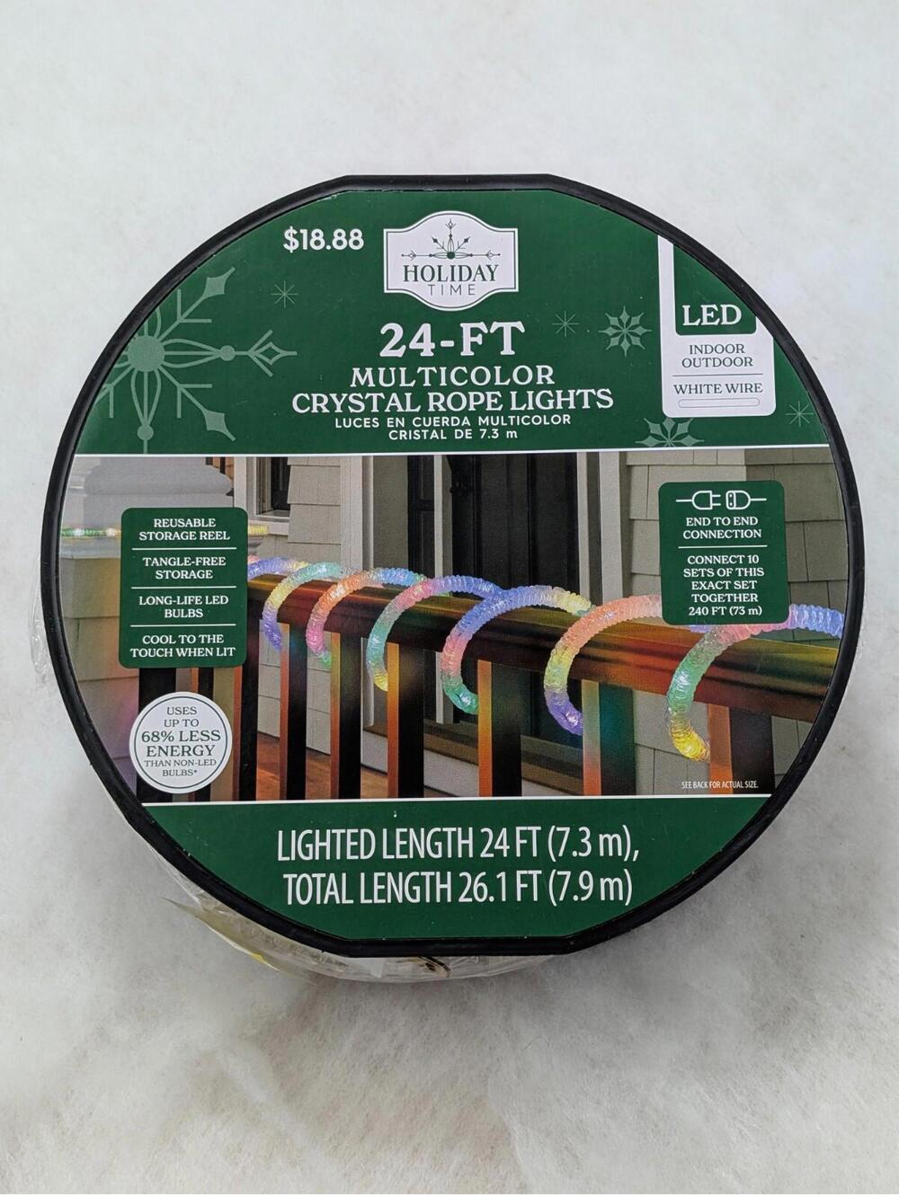 24ft Multicolor Crystal Rope LED String Lights White Wire Holiday Time Xmas NWT